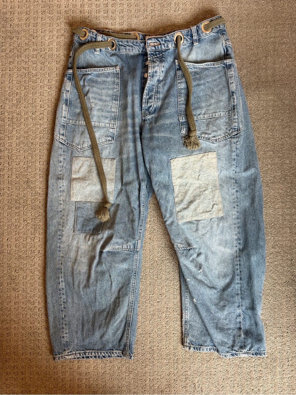 We The Free Light Blue Patchwork Wide-Leg Jeans with Drawcord Waist